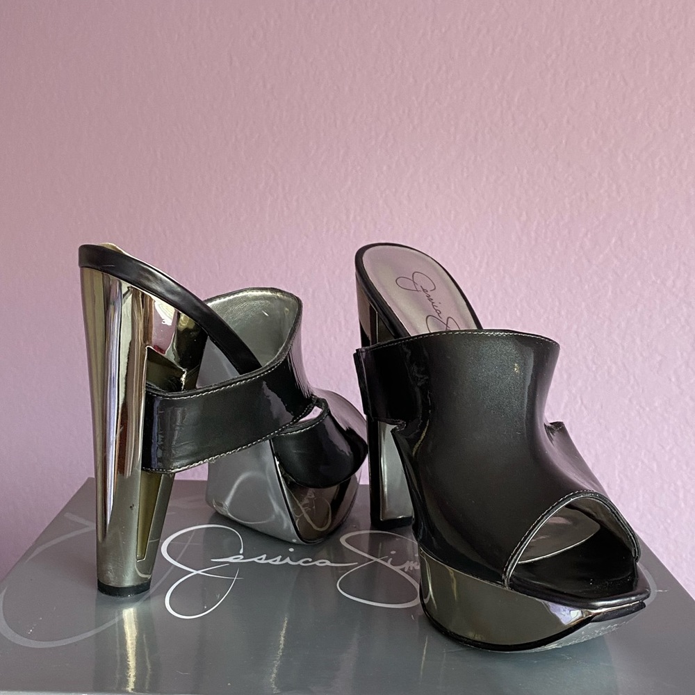 Chrome Metallic Shelbie Block Heel Platform Mules